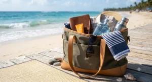 Beach tote bag showing packed summer items and a marine cologne bottle for vacation