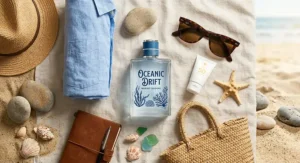 Flat lay illustration of beach vacation essentials including sunglasses sunscreen and marine cologne