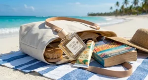 Canvas beach vacation tote bag with coconut perfume, sunscreen, and a beach read spilling out