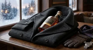 Warm amber cognac fragrance bottle framed by a charcoal wool overcoat for formal winter wear
