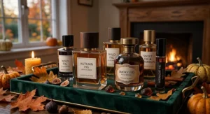 A curated collection of the best fig perfumes for fall evenings styled on a velvet tray with autumnal leaves and decor.