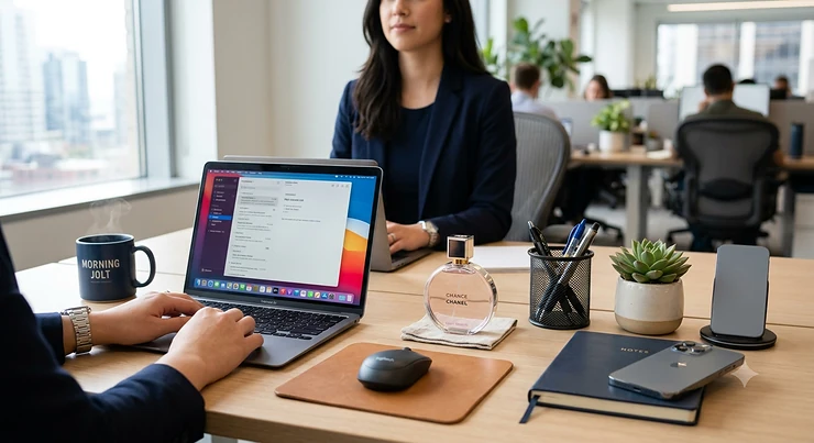 A chic bottle of office-friendly fragrance resting on a clean corporate desk setup in a modern American workplace. best perfume for work