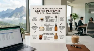 Infographic illustrating non-overpowering coffee perfume options designed for open-plan office spaces.