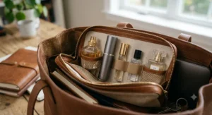 Assortment of top-rated travel size perfumes organized inside a work bag pouch.
