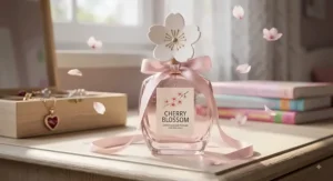 Illustration of an elegant cherry blossom fragrance bottle tied with a cute pink ribbon
