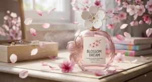 Digital drawing of a cherry blossom perfume bottle surrounded by floating pink floral petals