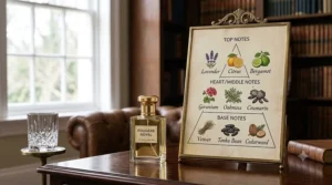 Fragrance pyramid diagram outlining top, middle, and base notes of a classic fougère cologne for older gentlemen.