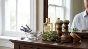 Illustration showing classic fougère cologne key scent notes including fresh lavender, oakmoss, and sweet coumarin.