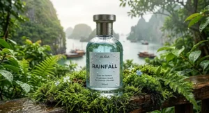 Sleek glass rain scent perfume bottle resting on lush wet moss after summer rainfall.