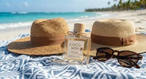 Coconut beach perfume displayed next to a woven straw hat and sunglasses on a beach towel
