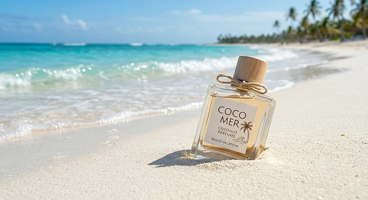 Bottle of coconut perfume resting on a sunlit white sand beach with turquoise ocean waves coconut perfume for beach vacation