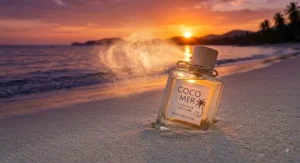 Coconut vanilla perfume mist bottle highlighted against a warm ocean sunset view
