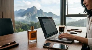 Sleek glass bottle of coffee perfume placed next to a laptop on a modern corporate desk.
