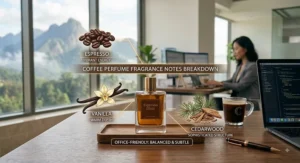 Diagram showing scent notes of espresso, vanilla, and cedarwood in office-friendly coffee perfume.