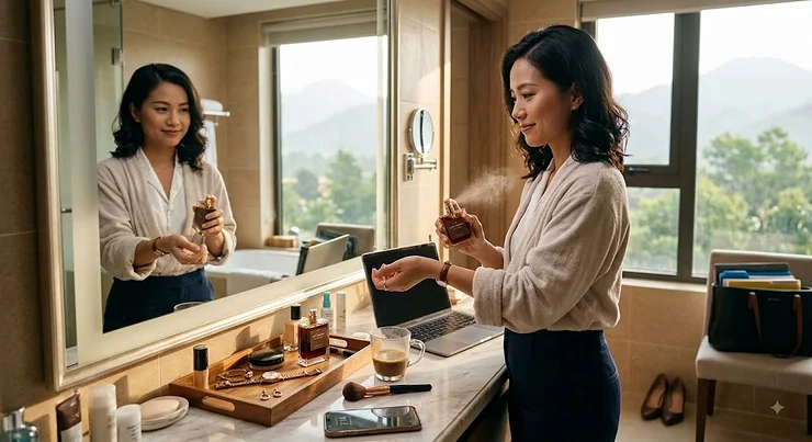 An office professional applying coffee perfume during their morning routine before heading to work. coffee perfume for office professionals