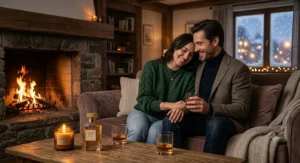 A stylish couple sitting close together by a fireplace enjoying a cozy winter date night with warm vanilla scent vibes