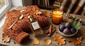 An autumnal flatlay featuring a sleek fig perfume bottle, a plush knit sweater, a glowing amber candle, and fresh dark figs.