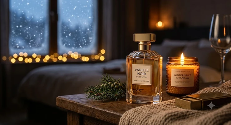 An elegant glass bottle of cozy vanilla perfume sitting beside a warm candle on a romantic winter date night setting