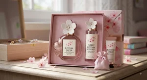 Illustrated cherry blossom perfume gift set with matching body mist made for teen girls