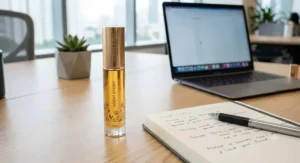 Compact travel-size perfume rollerball placed neatly beside a notebook and pen on a desk.