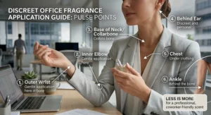 Diagram showing pulse points for applying subtle perfume for the office without overpowering coworkers.