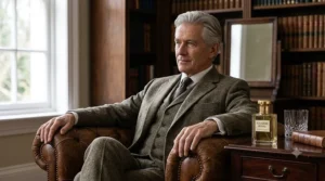 Senior gentleman sitting in a vintage leather armchair with a bottle of classic fougère cologne on the side table.