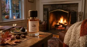 An elegant glass bottle of unisex fig perfume placed near a softly glowing fireplace during a chilly fall evening.