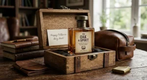 A thoughtful Father's Day gift featuring a premium whiskey-scented cologne alongside a brown leather dopp kit.