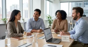 Coworkers sitting in a conference room enjoying a workplace environment with subtle perfume for the office.