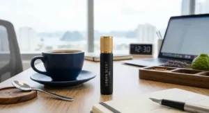 Close-up of a glass fragrance rollerball bottle with a gold cap sitting on a wooden desk.