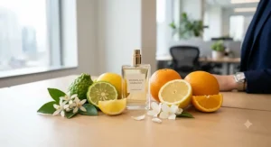 Illustration of top fresh citrus and subtle floral notes ideal for professional, subtle everyday workplace wear.