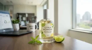 Fresh citrus fragrance bottle resting on a clean office desk for subtle all-day wear