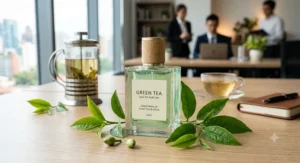 Fresh green tea fragrance spray bottle surrounded by green tea leaves for daily office wear.
