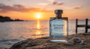 Aquatic marine cologne bottle displayed against a warm sunset over coastal ocean waters