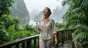 Person walking through a summer rain shower wearing refreshing rain scent perfume built for humidity.