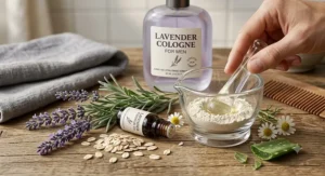 Illustration of hypoallergenic lavender cologne ingredients gentle on sensitive male skin