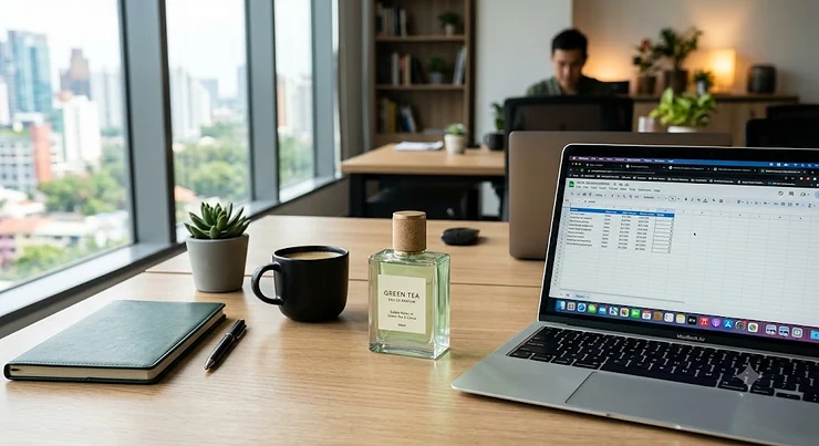 Minimalist green tea perfume bottle sitting on a modern office desk next to a laptop. green tea perfume for office workers
