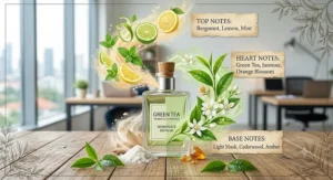 Illustration showing scent notes of green tea perfume including bergamot, green tea leaves, and light musk.