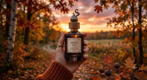 A close-up of a hand holding a bottle of smoky dark fig perfume against a vibrant golden-hour autumn sunset outdoors.