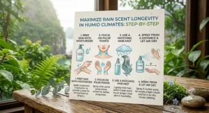 Step-by-step guide illustrating application tips for long-lasting rain scent perfume in humid climates.