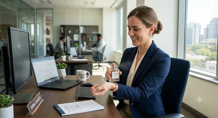 Professional woman applying a long-lasting office perfume at her desk before starting an 8-hour shift