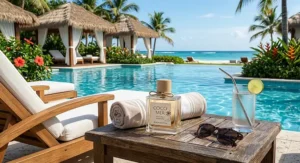 Luxury coconut perfume sitting on a lounge table poolside at a tropical beach resort