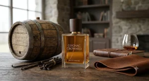 Illustration showing cognac cologne scent profile notes including aged oak barrels vanilla and leather