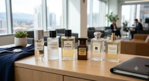 Collection of sophisticated, understated designer fragrances suitable for corporate and professional settings.