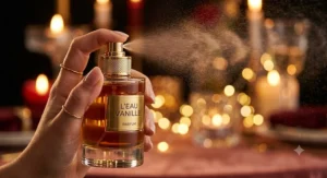A close-up of a luxury vanilla perfume bottle spraying mist against a soft bokeh light background for a romantic evening