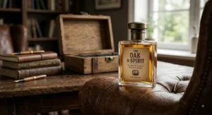 A premium whiskey-infused cologne bottle resting on a vintage leather armchair in a study setting.