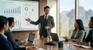 Male corporate executive presenting in a conference room while wearing a subtle coffee cologne.