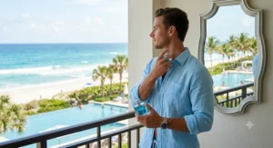 Man applying fresh marine cologne before heading out for a coastal beach vacation day