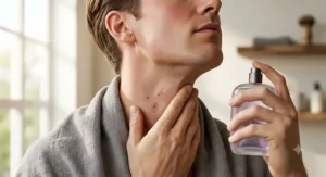 Man applying a soothing lavender cologne to his neck after shaving to avoid irritation