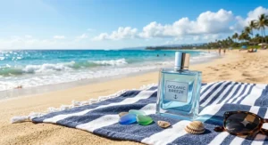 Bottle of fresh marine cologne placed on a striped towel on a sunny ocean beach